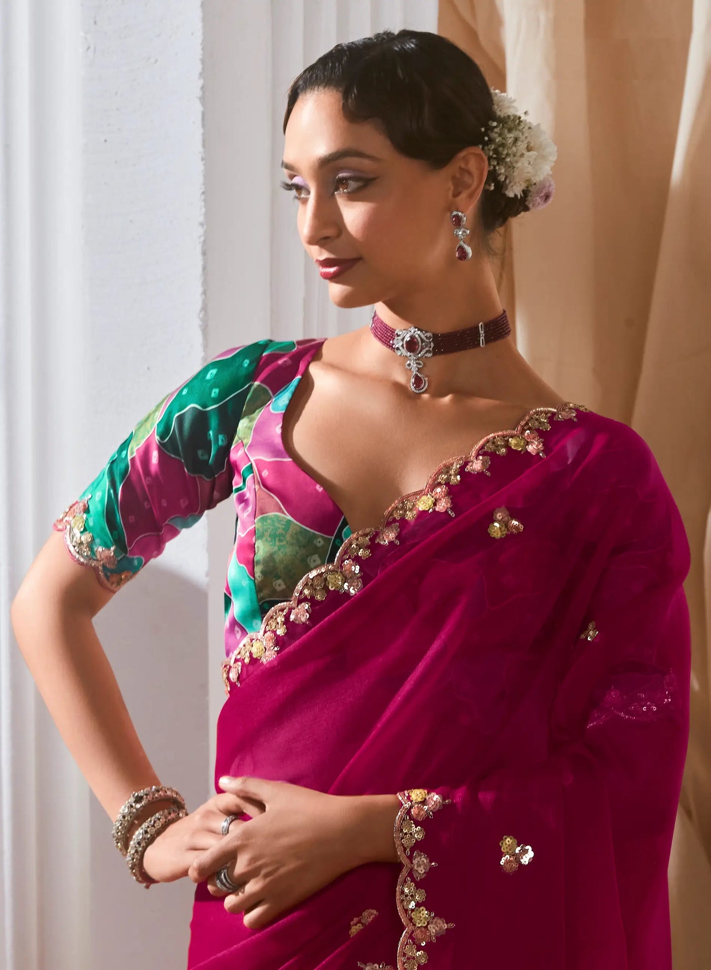 Magenta Pink Organza Tissue Silk Saree with Printed Blouse