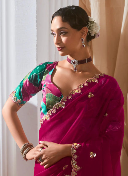 Magenta Pink Organza Tissue Silk Saree with Printed Blouse