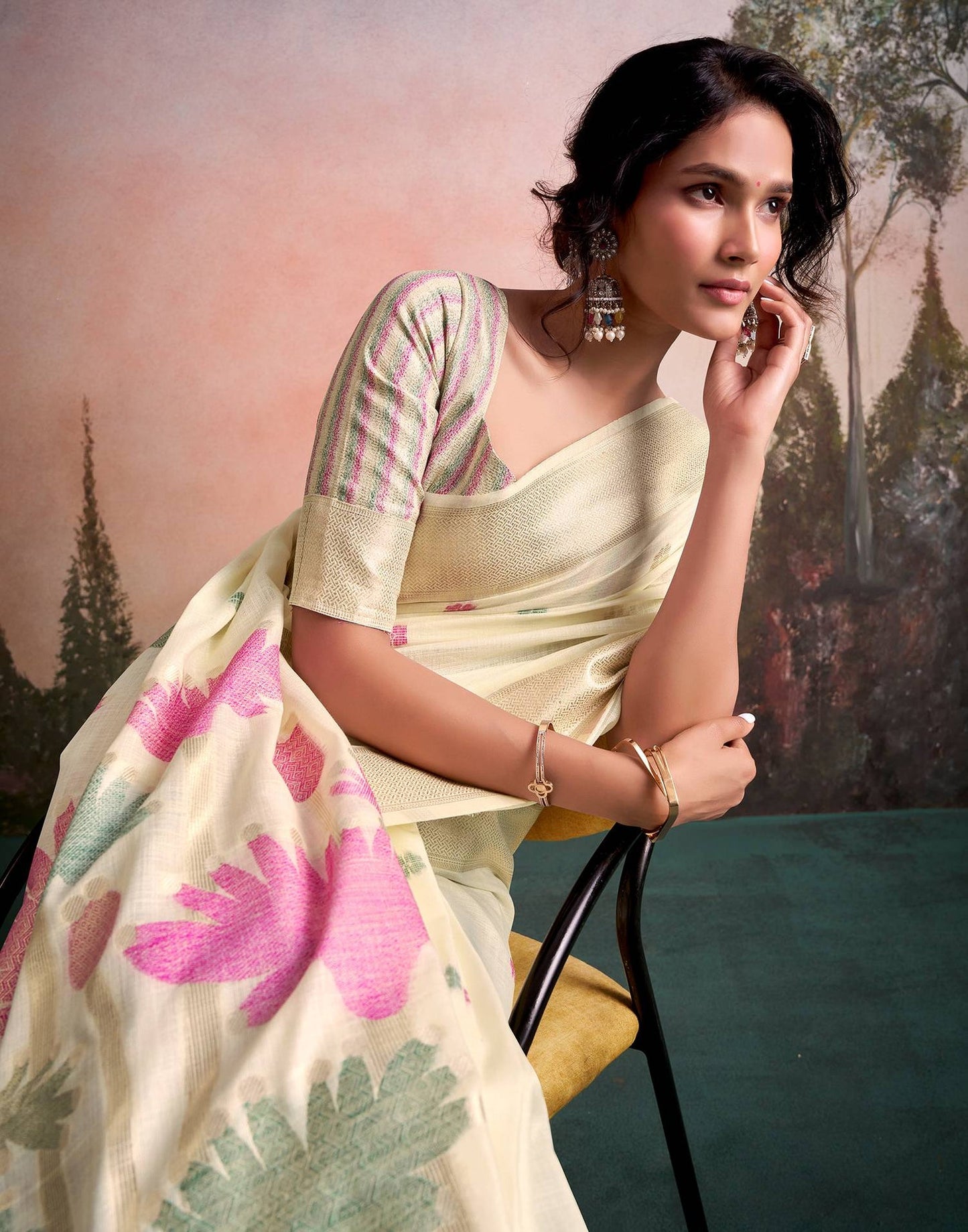 Pure Linen Silk Cream Saree with Weaving Work