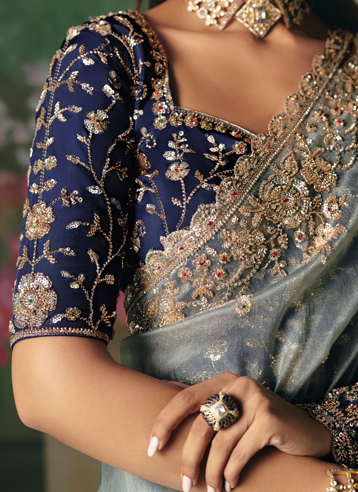 Shaded Ocean Blue Soft Tissue Silk Heavy Blouse Designer Saree