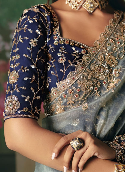 Shaded Ocean Blue Soft Tissue Silk Heavy Blouse Designer Saree