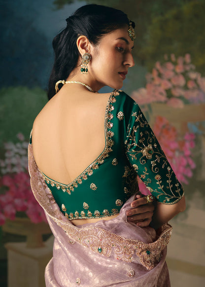 Lavender Tissue Silk Heavy Blouse Designer Saree