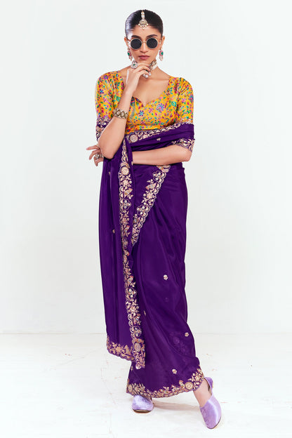 Purple Tissue Organza Silk Partywear Saree