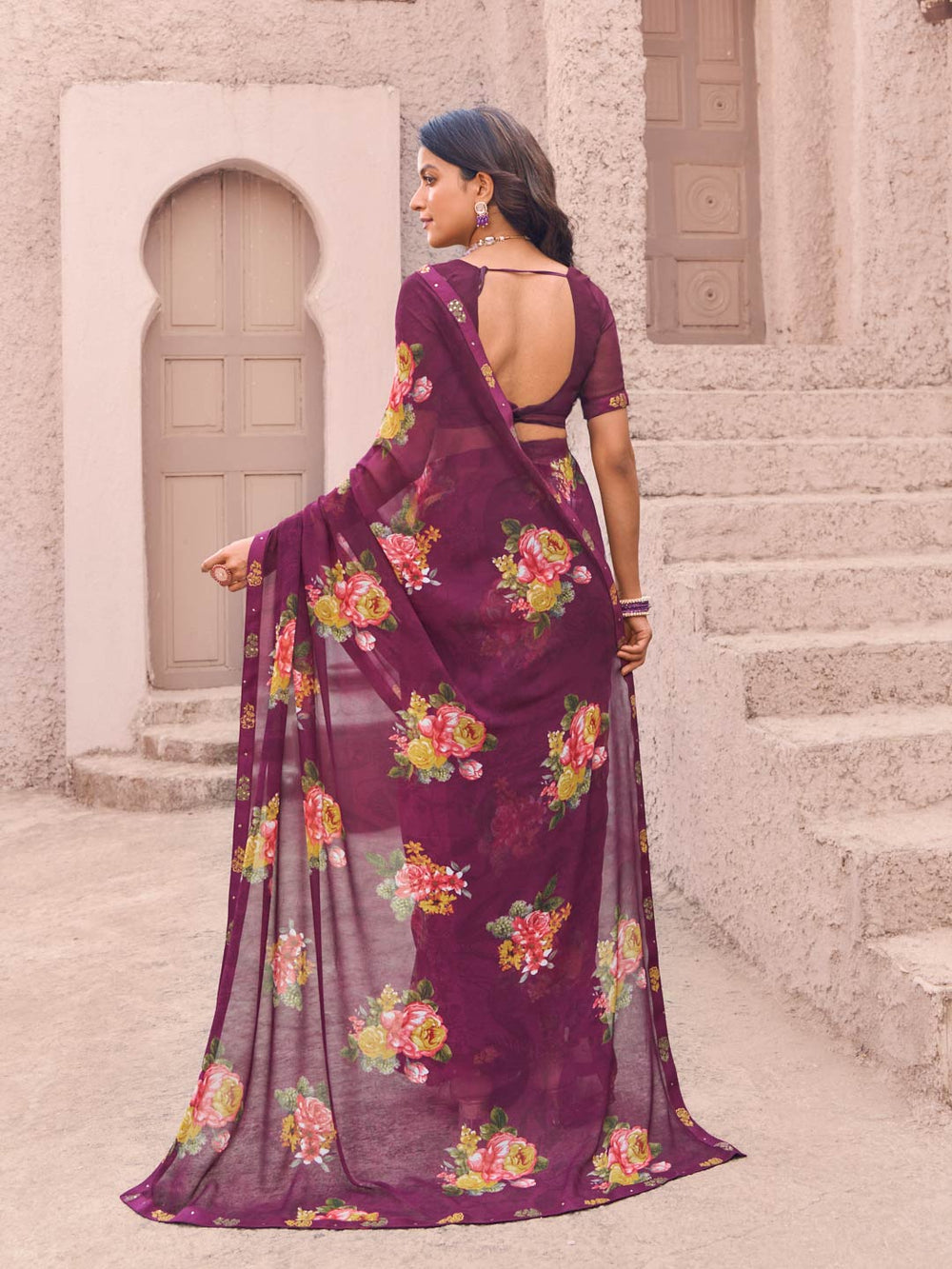 Laxmipati Namrata Wine Georgette Floral Printed Saree