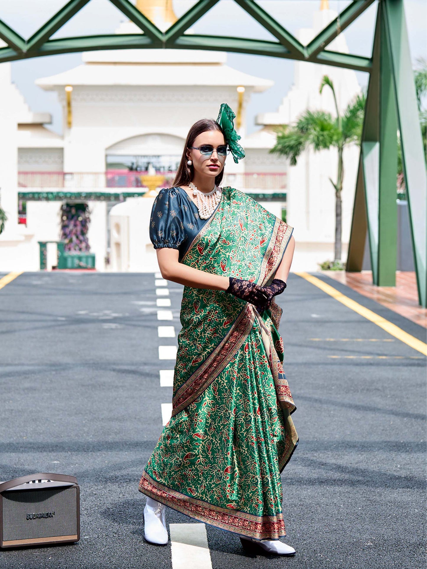 Green Satin Crepe Digital Printed Saree