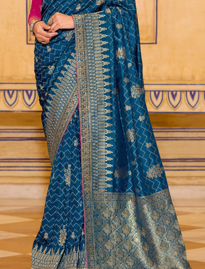 Blue Crepe Silk Soft Saree With Contrast Blouse