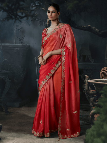 Orange Pink Ombre Tissue Silk Designer Saree