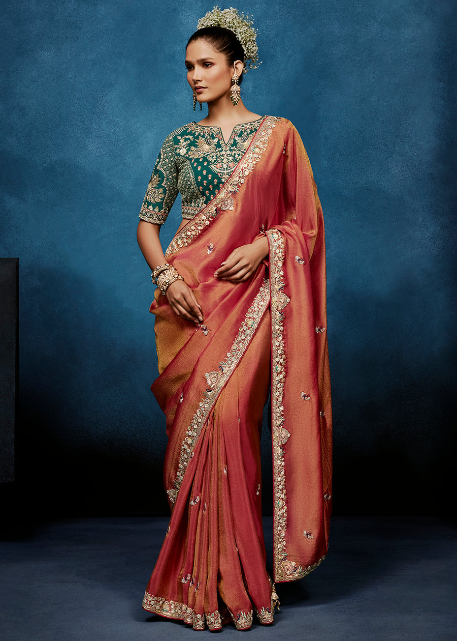 Peach Tissue Silk Designer Saree with Heavy Readymade Blouse