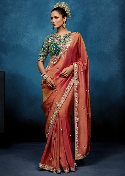 Peach Tissue Silk Designer Saree with Heavy Readymade Blouse