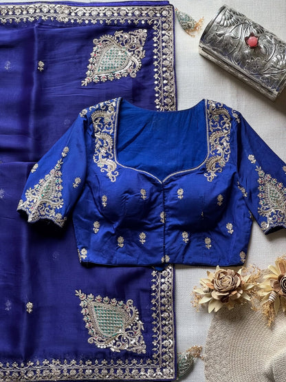 Royal Blue Tissue Silk Saree with designer blouse piece
