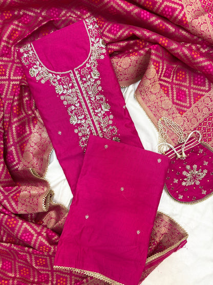 Beautiful Silk Zari Unstitch Suit Set with Potli Bag