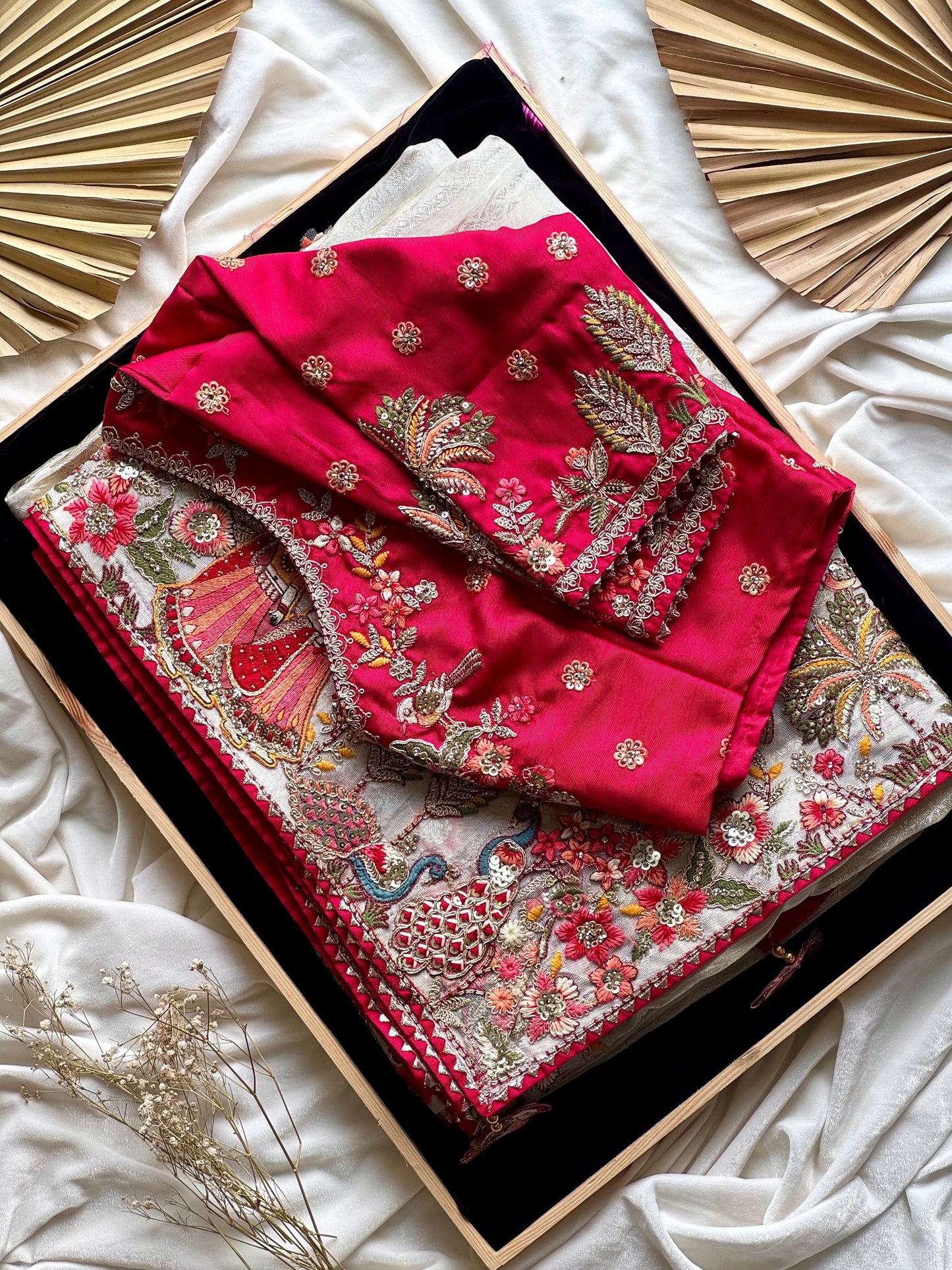 Creme Silk Traditional Saree with Maroon Heavy Blouse