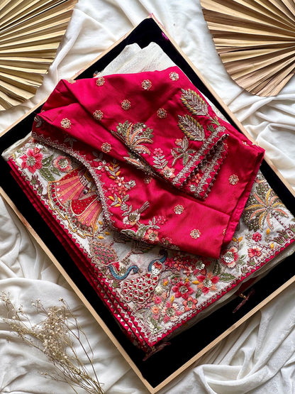 Creme Silk Traditional Saree with Maroon Heavy Blouse