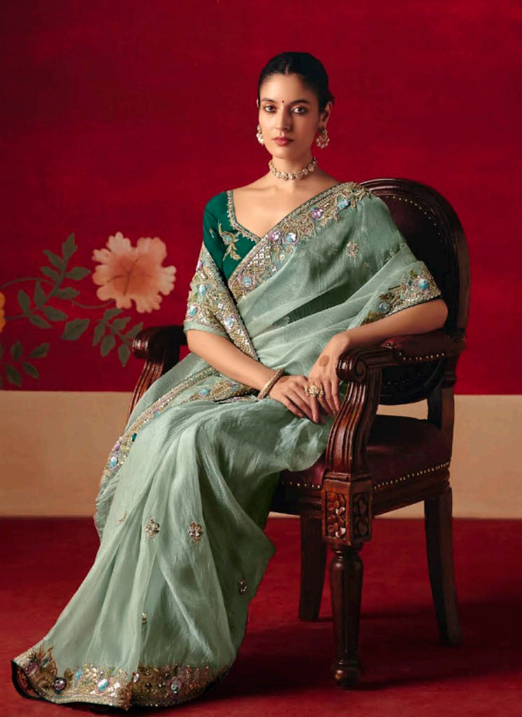 Mint Green Tissue Silk Designer Saree
