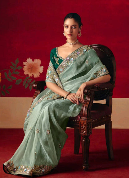 Mint Green Tissue Silk Designer Saree
