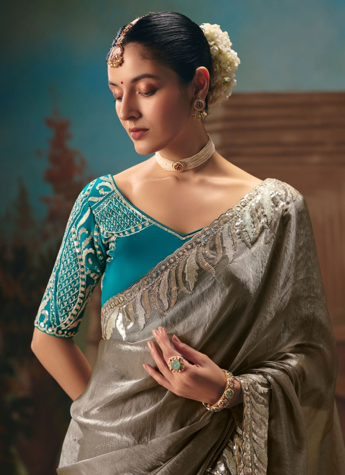 Stone Grey Art Silk Sequin Work Saree