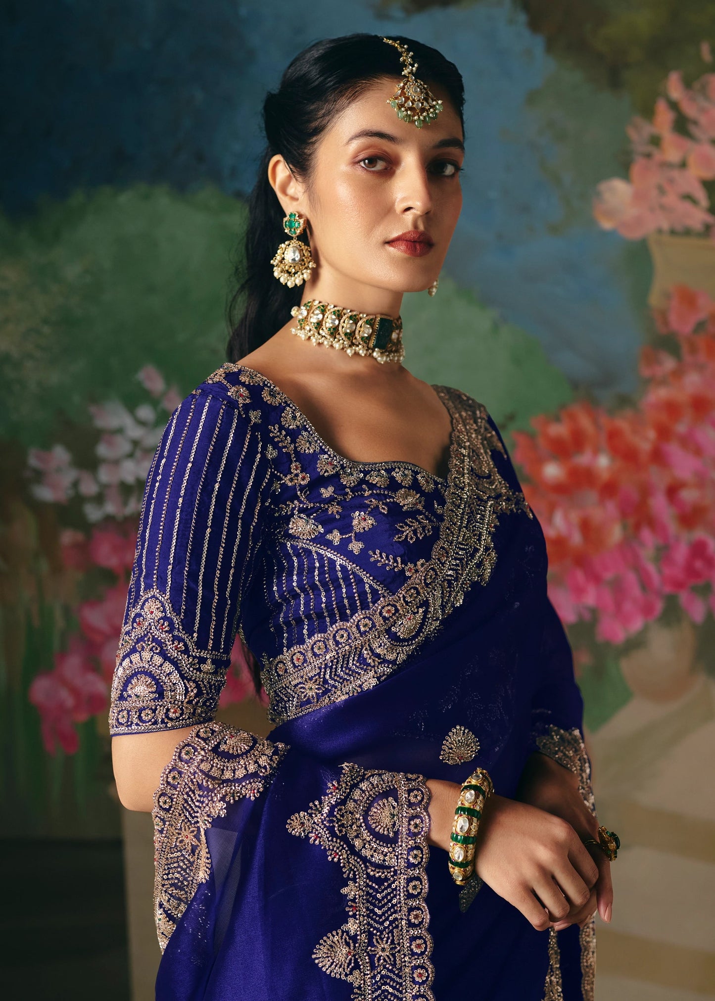 Royal Blue Soft Tissue Silk Heavy Blouse Designer Saree