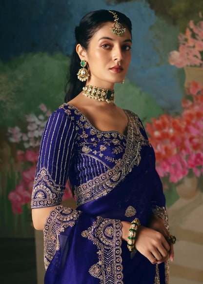 Royal Blue Soft Tissue Silk Heavy Blouse Designer Saree