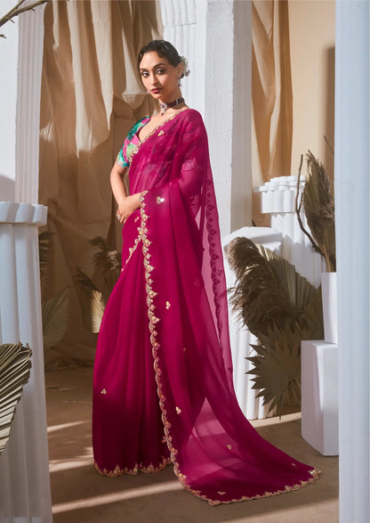 Magenta Pink Organza Tissue Silk Saree with Printed Blouse