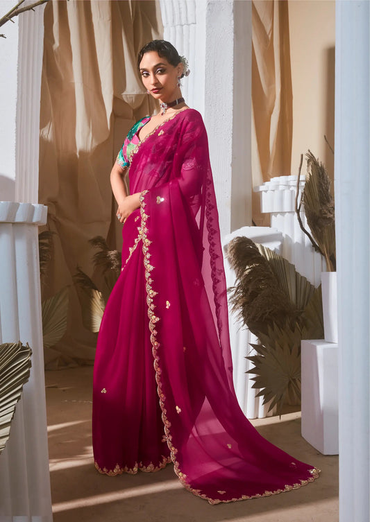 Magenta Pink Organza Tissue Silk Saree with Printed Blouse