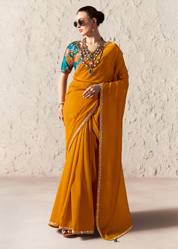 Mustard Yellow Tissue Organza Silk Designer Saree