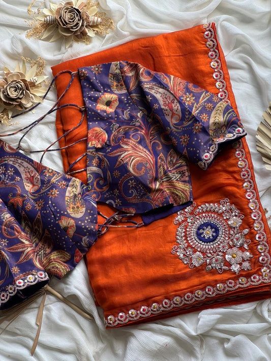 Dusty Orange Organza Tissue Silk Designer Saree