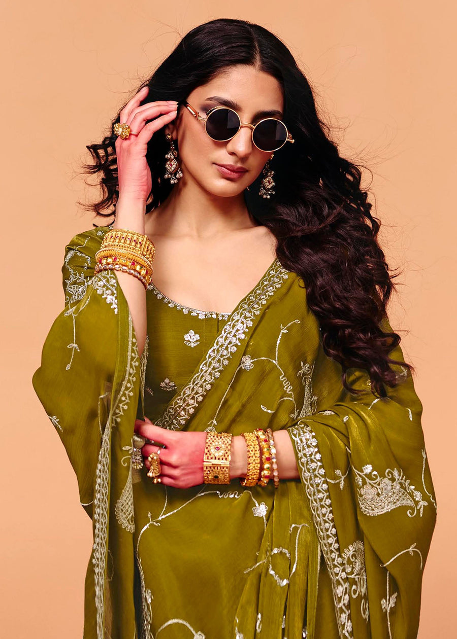 Olive Green Soft Tissue Silk Designer Saree