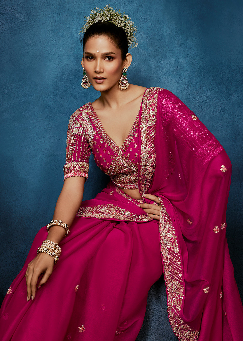 Rani Pink Tissue Silk Saree with Heavy Readymade Blouse