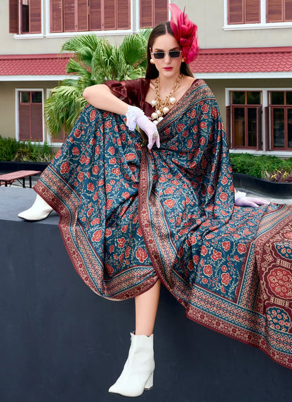 Floral Blue Satin Crepe Digital Printed Saree