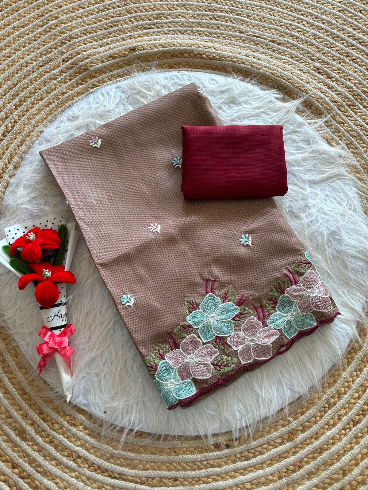 Soft Kota Doriya Saree with Embroidery Floral Work