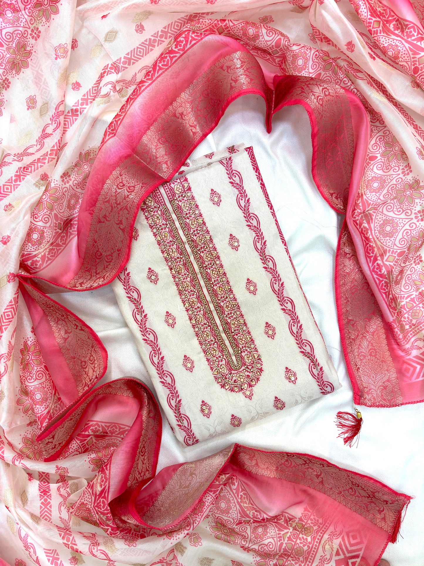 Cream Handwork Silk Unstitch Suit Set