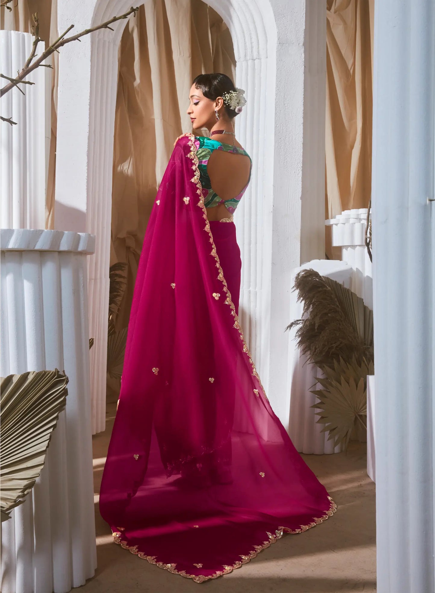 Magenta Pink Organza Tissue Silk Saree with Printed Blouse
