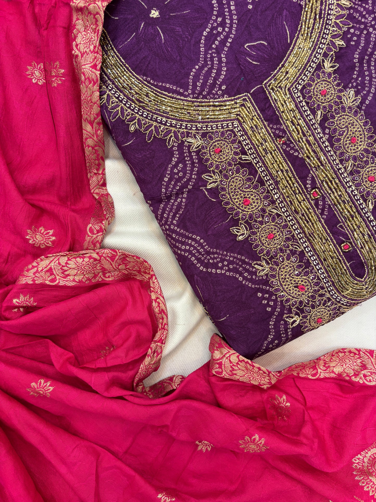 Purple Zari Work Unstitch Suit Set with Banarasi Dupatta