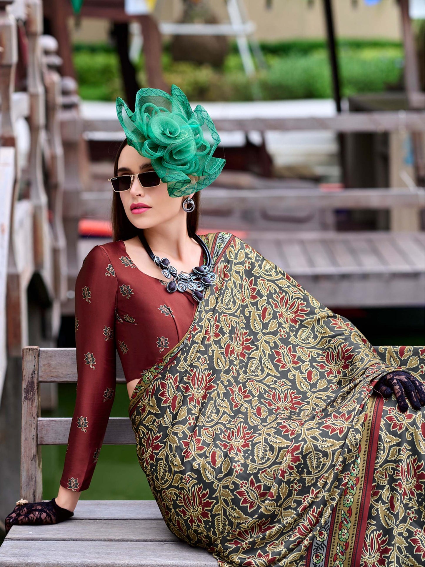 Grey Green Satin Crepe Digital Printed Saree
