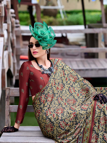 Grey Green Satin Crepe Digital Printed Saree