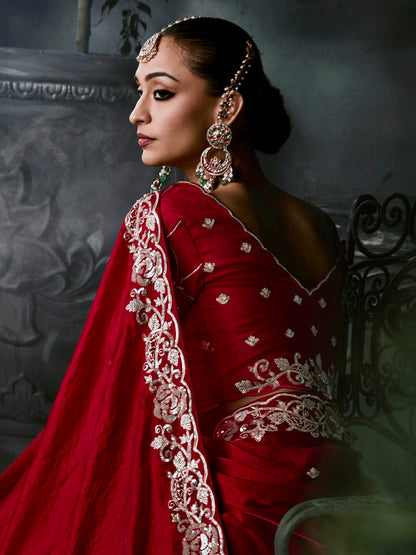 Blood Red Soft Tissue Silk Heavy border Designer Saree
