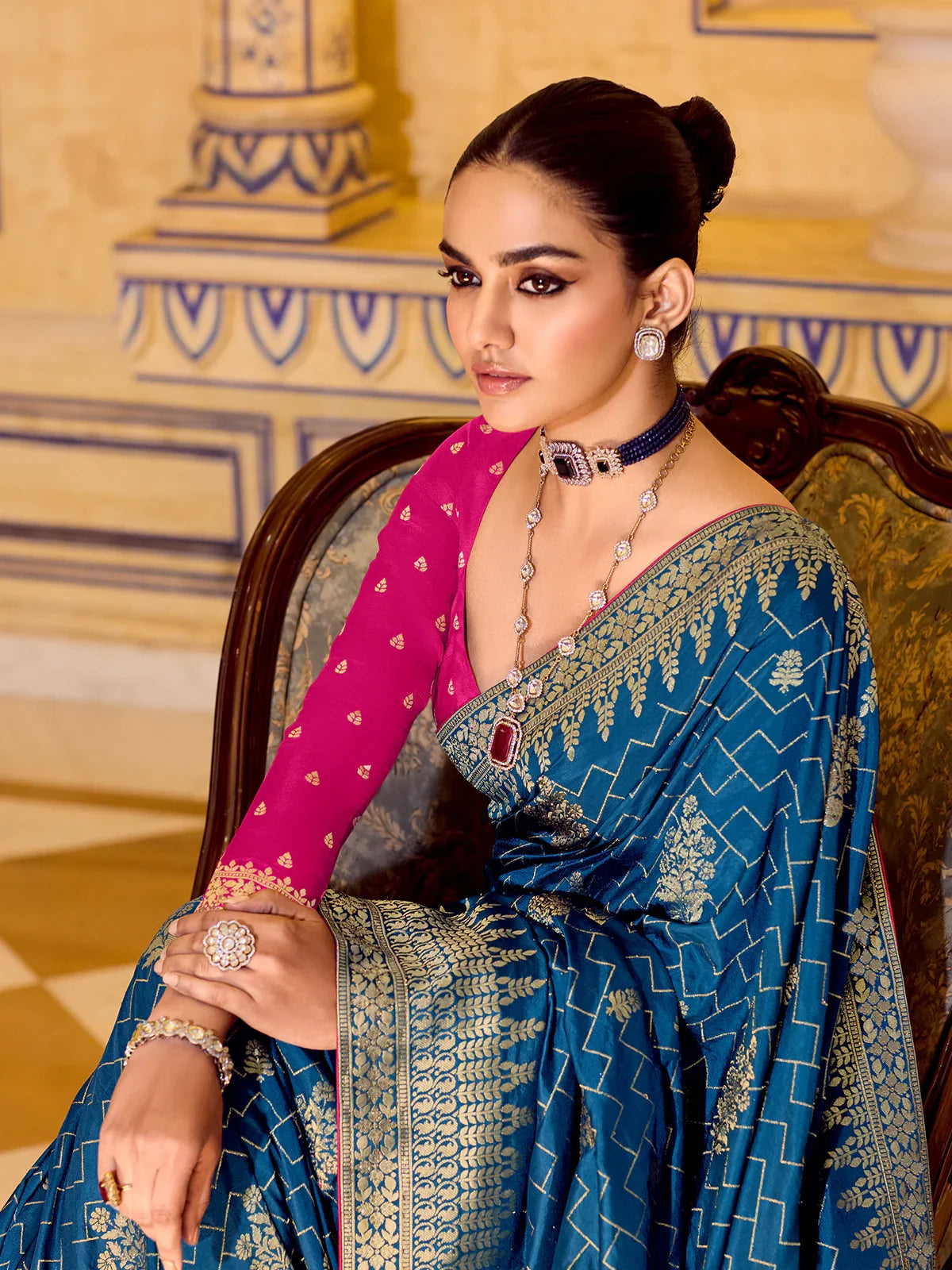 Blue Crepe Silk Soft Saree With Contrast Blouse