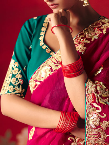 Magenta Pink Tissue Silk Designer Saree