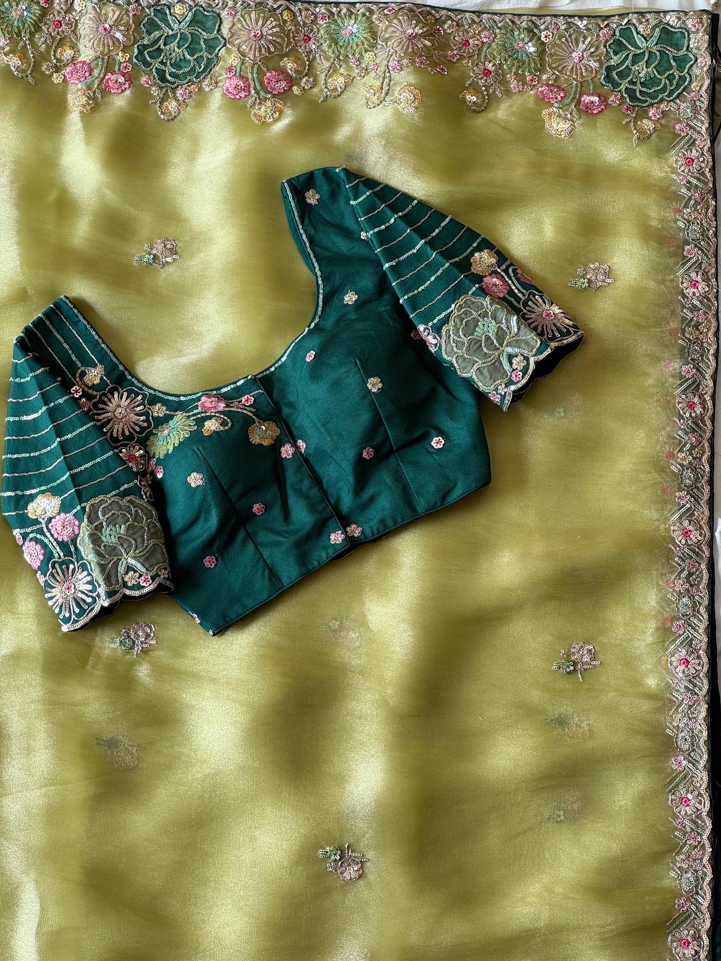 Pista Organza Tissue Silk Saree With Designer Blouse