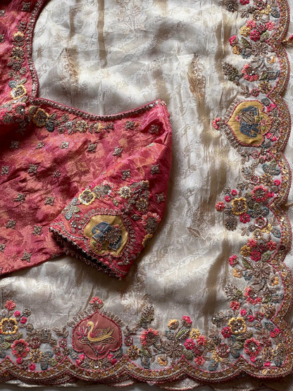 Cream Silk Traditional Saree with Silk Blouse & Embroidery Work
