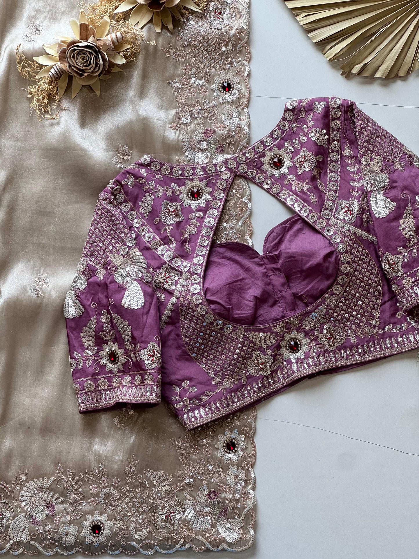 Cream Soft Tissue Silk Heavy Work Designer Saree