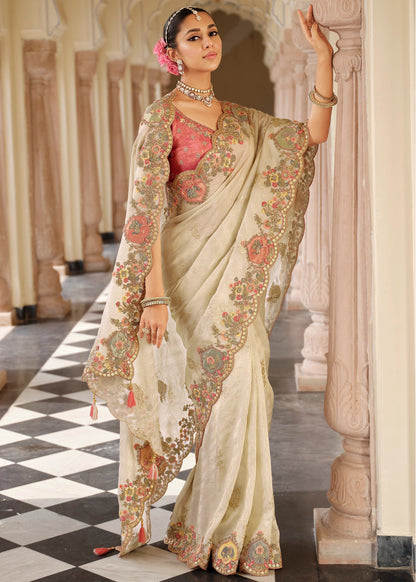 Cream Silk Traditional Saree with Silk Blouse & Embroidery Work