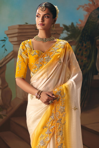 Ivory & Mustard Premium Gloss Tissue Silk Saree