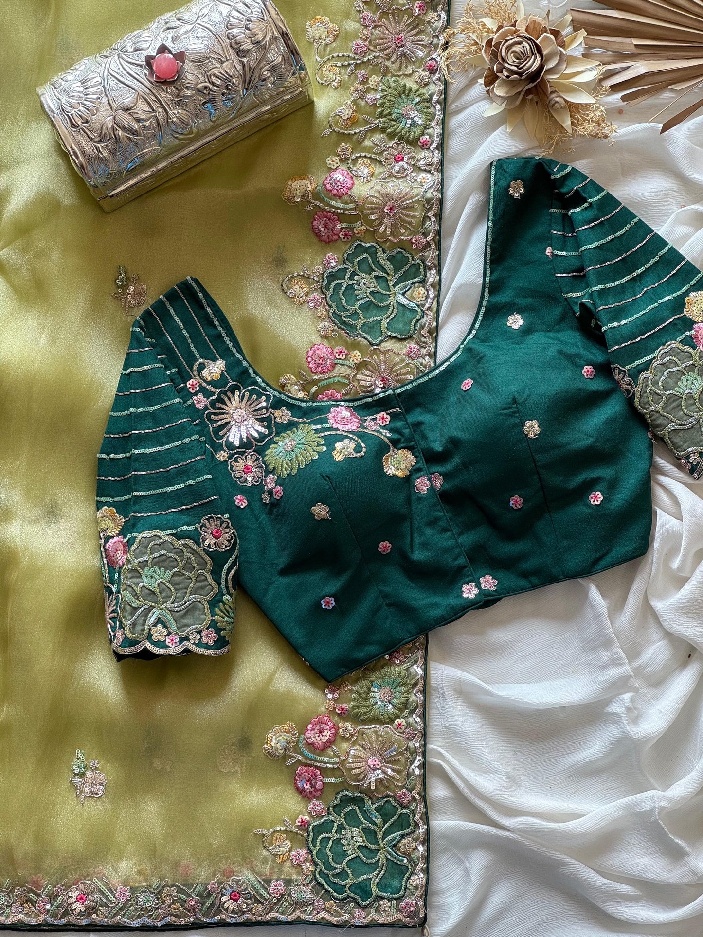 Pista Organza Tissue Silk Saree With Designer Blouse