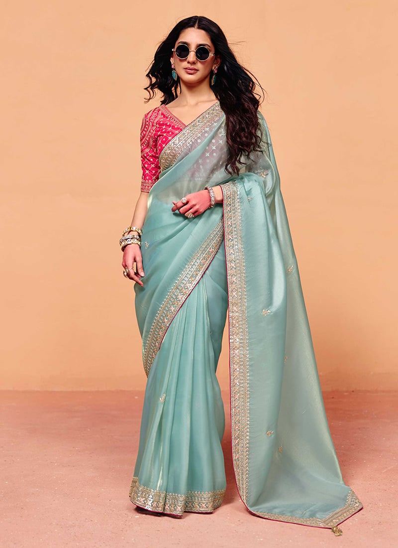 Sky Blue Soft Tissue Silk Designer Saree (Unstitched blouse)