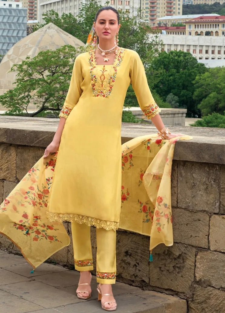 Yellow Viscose Silk Embroidered Suit Set