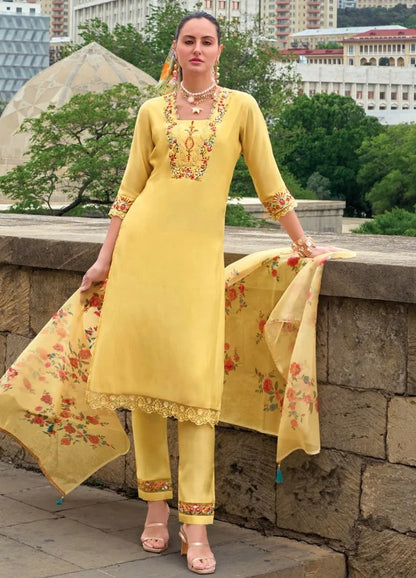 Yellow Viscose Silk Embroidered Suit Set