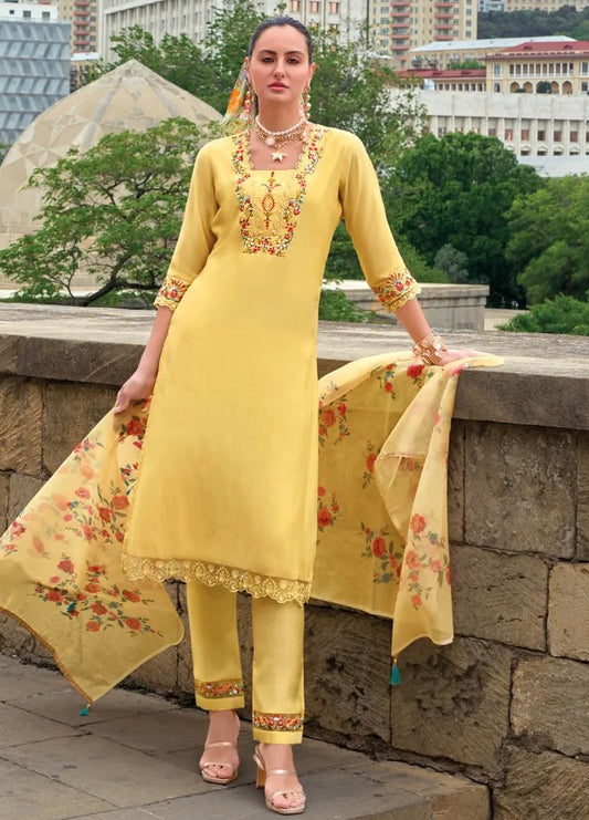 Yellow Viscose Silk Embroidered Suit Set