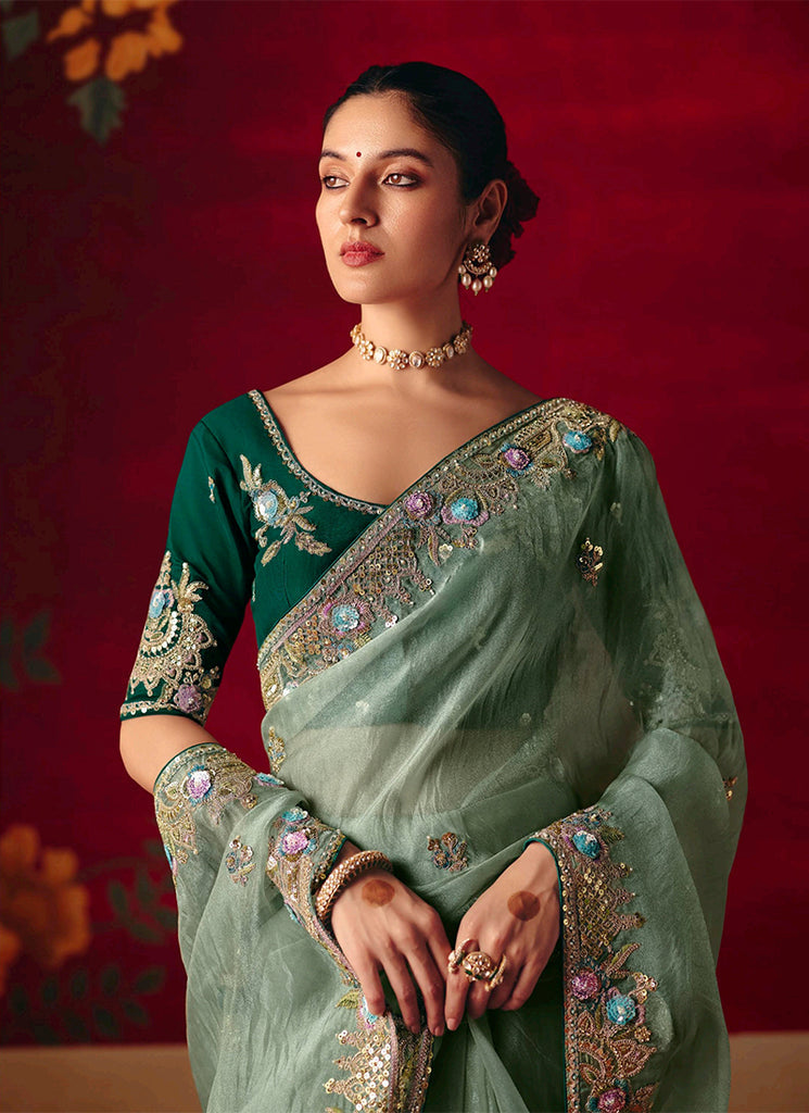 Mint Green Tissue Silk Designer Saree