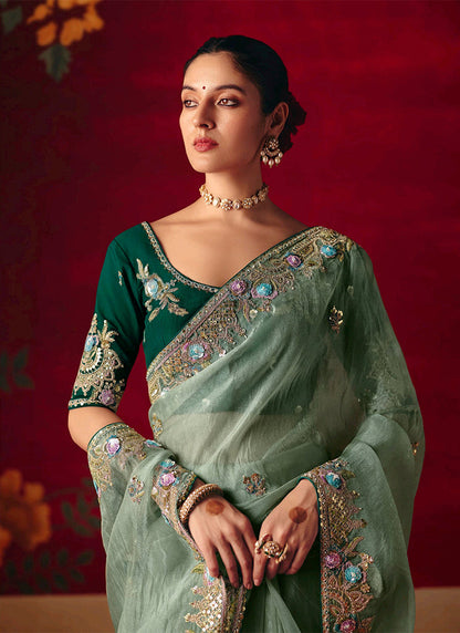 Mint Green Tissue Silk Designer Saree